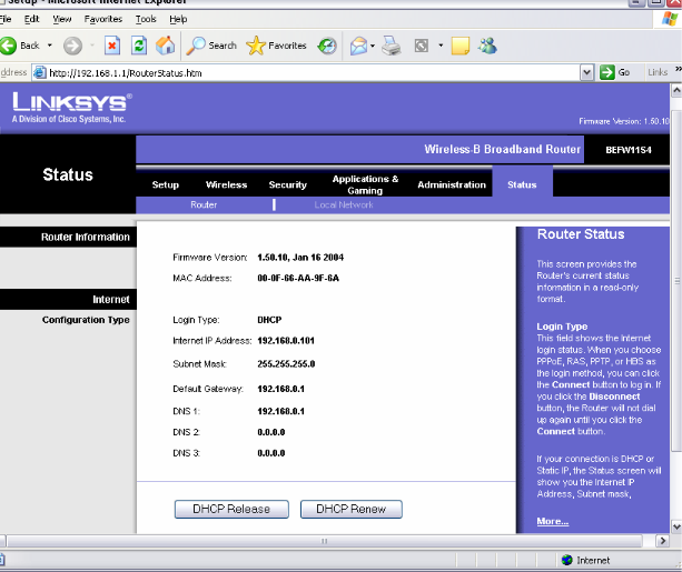 LinkSys router configuration screen showing external IP address